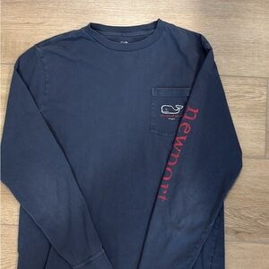 Vineyard Vines Navy Blue Long Sleeve Shirt with Newport graphic on sleeve.